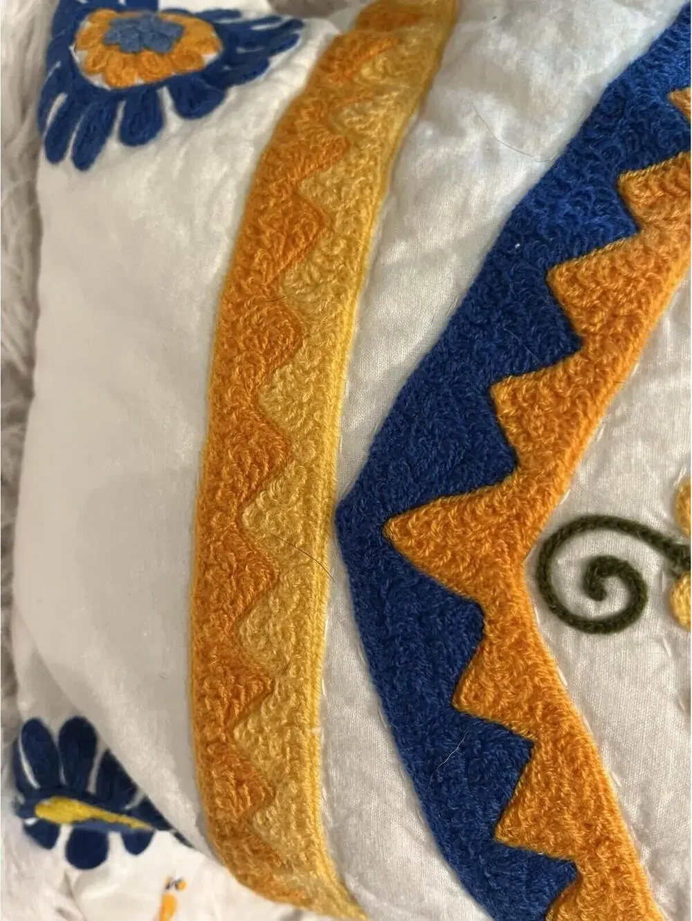 24x15” Rectangle Quilted Flowers White Orange Blue Country Cottagecore Handmade
